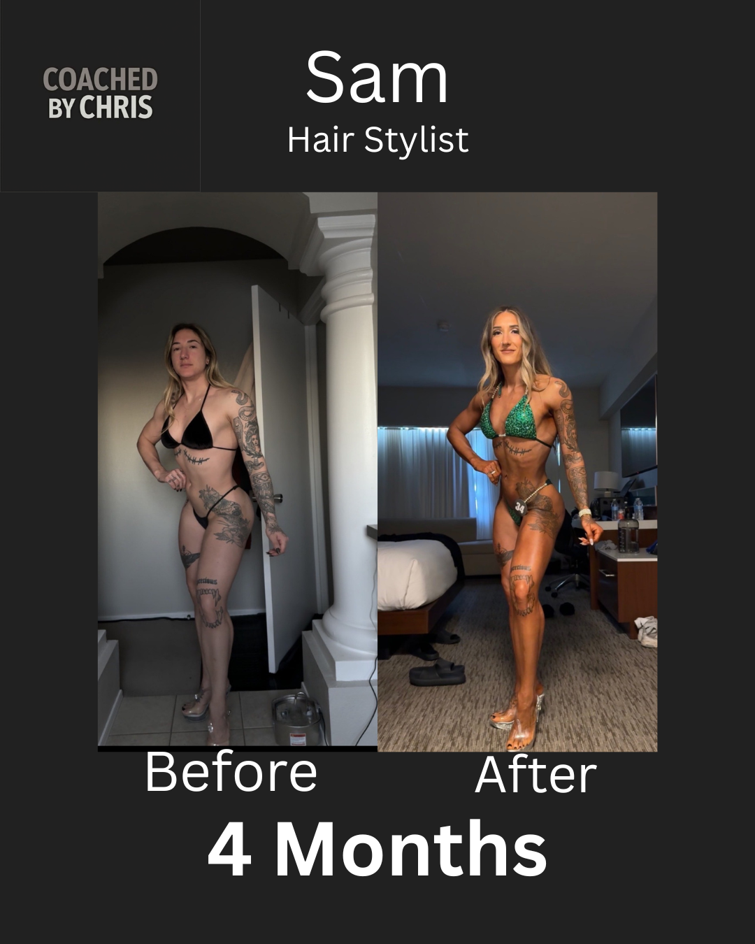 Sam, hair stylist, before and after 4 months of coaching